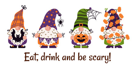 A funny Halloween gnome vector set. Cute bearded elves are holding a bat, a garland with a spooky text, a pumpkin lantern. The dwarf is wrapped in a festive decoration. Clipart for fall party, holidayのイラスト素材