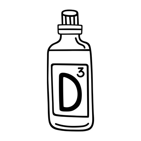 Vitamin D3 in a glass dropper bottle, vector icon. A dietary supplement for healthy skin, hair, immune. Liquid biologically active substance. Pharmaceutical product, drug. Black and white doodleのイラスト素材