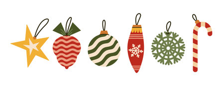 Christmas tree decorations vector set. Golden star, striped ball, snowflake, candy cane on a loop. Colorful glass ornaments for New Year, winter holidays. Hand drawn cartoon clipart isolated on whiteのイラスト素材