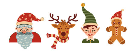 Cute Christmas characters vector set. Funny Santa Claus, an elf helper in a striped hat, a reindeer with antlers and a scarf, a festive gingerbread man. A cartoon clipart for New Year, holiday cardsのイラスト素材