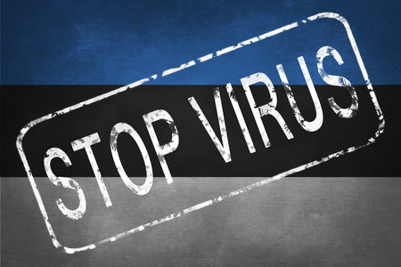 The stamp "STOP VIRUS" on the background of the flag of Estonia. Quarantine during the COVID-19 coronavirus pandemic in Estonia. Anti-epidemic quarantine measures. Prohibition of entry.の写真素材