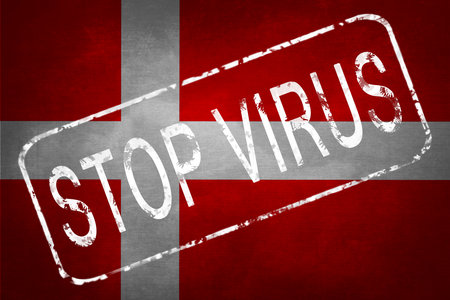 The stamp "STOP VIRUS" on the background of the flag of Denmark. Quarantine during the COVID-19 coronavirus pandemic in Denmark. Anti-epidemic quarantine measures. Prohibition of entry.の写真素材