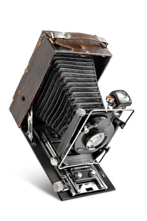 Vintage camera isolated on white background. Old camera in an open state. No logos, signatures and characteristic features.の写真素材