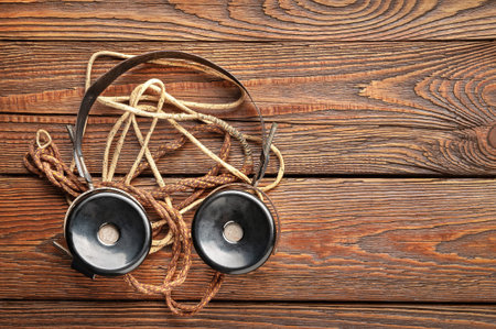 Old headphones. Top view of vintage radio headphones with fabric wire on wooden background. Ancient radio engineering concept with copy space. Selective soft focus.の写真素材