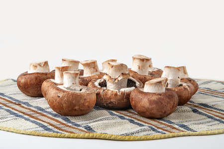 Mushrooms on towel. Brown champignons isolated on white. Bunch of mushrooms. Natural dietary products.の写真素材
