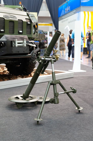 Army mortar. Mortar on display at the international exhibition ARMS AND SECURITY - 2021. Selective focus. Kiev. Ukraine - June 18, 2021.のeditorial素材