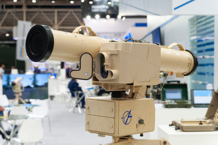 Anti-tank missile system. ATGM of Ukrainian production at the international exhibition ARMS AND SECURITY - 2021. Selective focus. Kiev. Ukraine - June 18, 2021.のeditorial素材