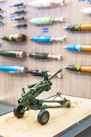 Artillery ammunition. Shells and mines on display at the international exhibition ARMS AND SECURITY - 2021. Selective focus. Kiev. Ukraine - June 18, 2021.のeditorial素材