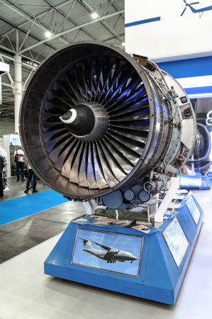 Aircraft engine. The Ukrainian-made D-436-148FM turbojet aircraft engine IVCHENKO PROGRES at the...