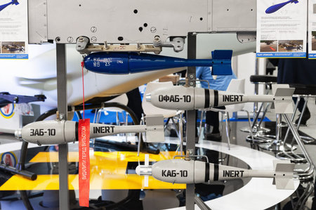 High-explosive bombs. Stand with aerial bombs for UAVs at the international exhibition ARMS AND...