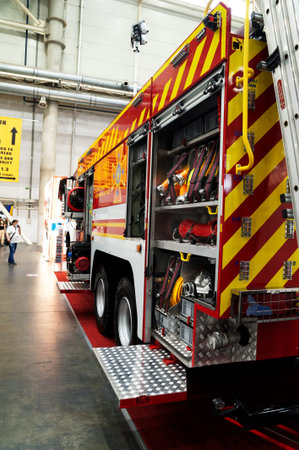 Fire engine. Close-up detail of a fire engine on display at the international exhibition ARMS AND...