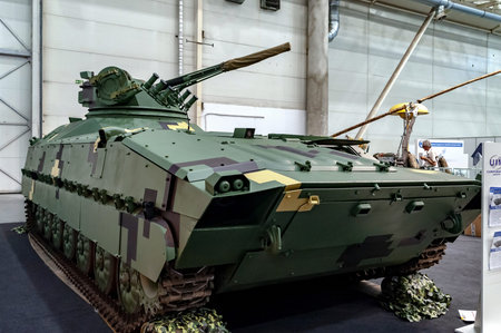 Infantry fighting vehicle. Tracked armored vehicle tank with a combat cannon module at the...