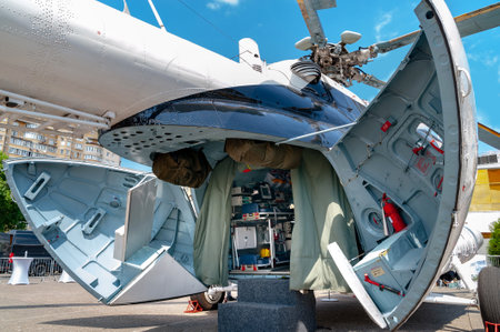 Military helicopter. Medical helicopter of the Ukrainian Air Force at the international exhibition ARMS AND SECURITY - 2021. Selective focus. Kiev. Ukraine - June 18, 2021.のeditorial素材