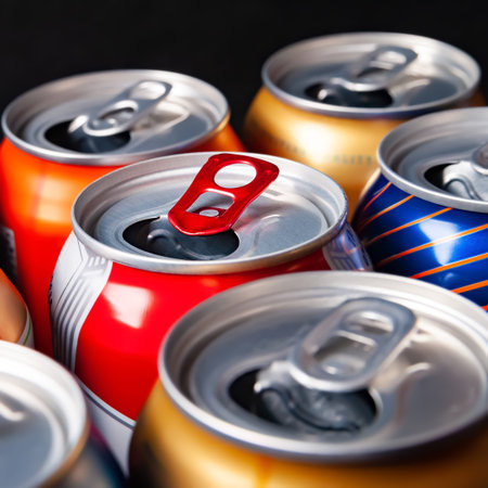 Beer cans. Close-up of multicolored aluminum cans. A lot of open empty cans. Recycling and reuse....