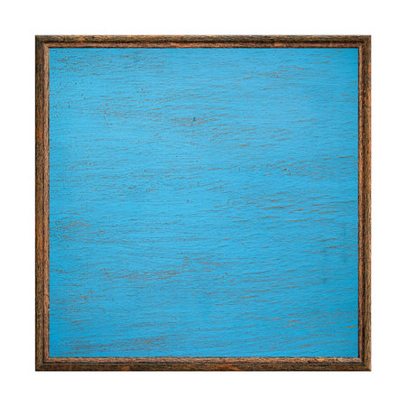 Wooden frame. Empty wooden frame painted with blue paint isolated on white background. Blank frame. Signboard mockup. Bulletin board.の写真素材