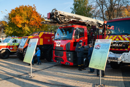 Fire trucks of the rescue service of Ukraine. Exhibition of technology in Kiev. Rescue equipment....