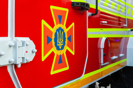 Close-up of the emblem of the Ukrainian rescue service on board the car. Exhibition of technology....