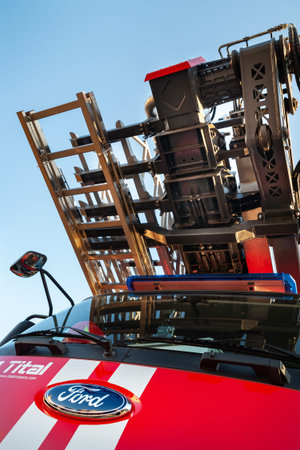 Detail of a Ford fire truck of the Ukrainian Rescue Service. Exhibition of technology in Kiev. Rescue equipment. Modern technologies. Ukraine. Kiev. October 15, 2021.のeditorial素材