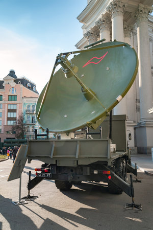 Mobile radar. Rear view of the mobile locator station of the Ukrainian army. Exhibition of military equipment in Kiev. Modern military technology. Ukraine. Kiev. October 15, 2021のeditorial素材