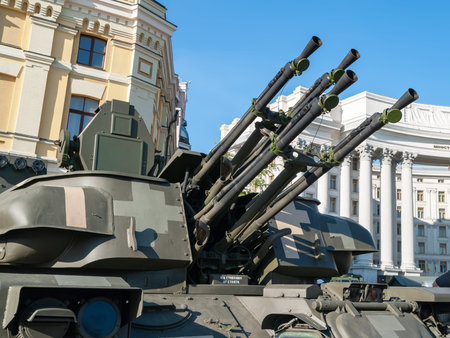 Combat anti-aircraft artillery module. Anti-aircraft tank turret of the Ukrainian army. Exhibition...