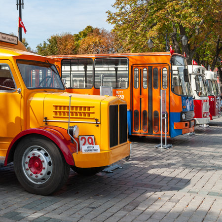 Retro buses in the square in front of Hagia Sophia (Ayasofya) in Istanbul. Landmarks of Turkey. Tourist location. Turkey. Istanbul. September 25, 2021.のeditorial素材