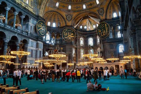 Pilgrims at the Hagia Sophia (Ayasofya) temple in Istanbul. Landmarks of Turkey. Tourist location. Turkey. Istanbul. September 25, 2021.のeditorial素材