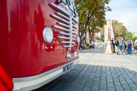Close-up of a retro bus in the square in front of Hagia Sophia (Ayasofya) in Istanbul. Landmarks of...