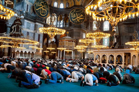 People are praying at Hagia Sophia (Ayasofya) in Istanbul. Sightseeing of Turkey. Tourist location. Turkey. Istanbul. September 25, 2021.のeditorial素材