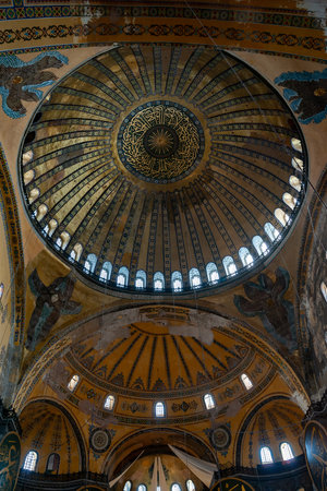 Hagia Sophia (Ayasofya) vault panorama in Istanbul. Landmarks of Turkey. Tourist location. Turkey. Istanbul. September 25, 2021.のeditorial素材