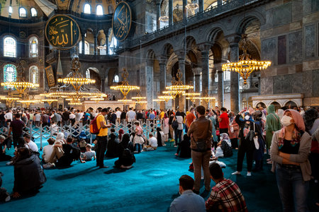 Pilgrims and tourists at the Hagia Sophia (Ayasofya) temple in Istanbul. Landmarks of Turkey. Tourist location. Turkey. Istanbul. September 25, 2021.のeditorial素材