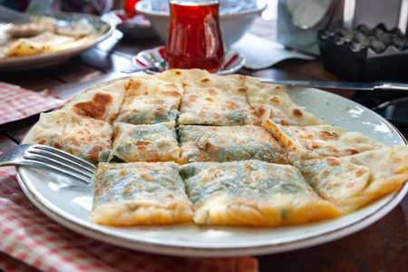 Turkish food. Traditional Turkish pie on a table in a cafe in Istanbul. National Turkish food....
