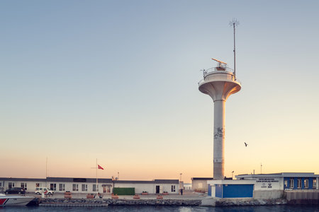 Radio beacon on the coast of the Marmara Sea in Istanbul in the evening. Istanbul. Turkey. 09,25,2021.のeditorial素材