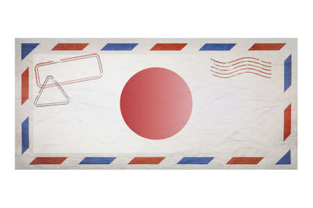postal envelope. Envelope with the image flag of Japan. Japanese flag. Old crumpled envelope with stamps. copyspace. Blank mockup. creative template.の写真素材
