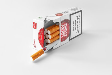Lucky Strike cigarettes. Lucky Strike open pack of cigarettes on a white background. Ukraine. Kyiv.May11. 2022のeditorial素材