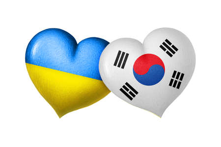 Flags of Ukraine and South Korea. Two hearts in the colors of the flags isolated on a white background. Protection, solidarity and help conceptの写真素材