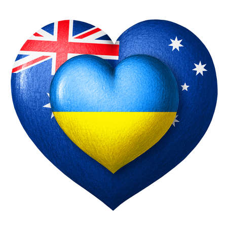 Flags of Ukraine and Australia. Two hearts in the colors of the flags isolated on a white background. Protection, solidarity and help concept. cooperation of countries.の写真素材