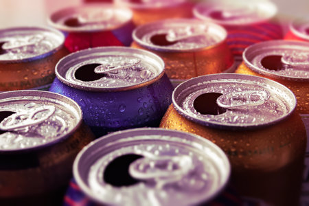 Beer cans. Aluminum cans. Close-up of many multicolored empty cans with condensation drops. Recycling and recycling. creative tone. selective soft focusの写真素材