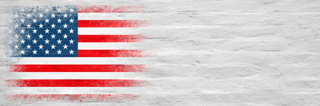 Flag of USA. Flag painted on a white plastered brick wall. brick background. copyspace. textured...