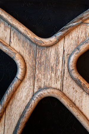 Detail of a wooden door. Close-up detail of a door window. selective soft focusの写真素材