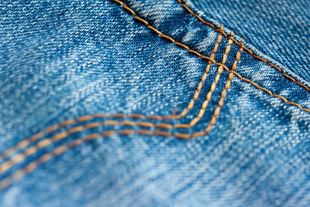Jeans background. Denim fabric with yellow pocket seal. macro image. selective soft focusの写真素材