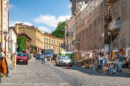 June 1, 2019. Street vendors are suvinirs on Andriivskyi uzviz street (Andriyivsky Descent) Kiev, Ukraine.. Weekend celebrations.のeditorial素材