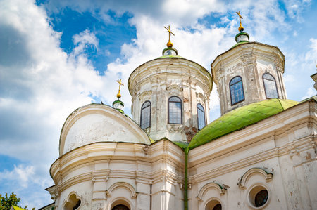 Ukraine. Kyiv. 7.20.2019. Ancient church with domes and crosses. Weekend in Kyiv.のeditorial素材