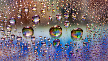 water drops. Abstract wet background. Colored macro texture of a drop. iridescent gradient. Heavily...