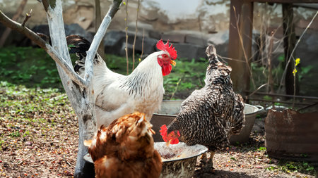 Rooster and chickens. White rooster and chickens for feeding. Poultry on the farmの写真素材