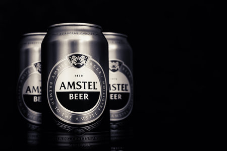 beer can. AMSTEL beer close-up on a dark background with copy space. An internationally renowned brand from the Netherlands. B.W. toned image. selective soft focus. Kiev. Ukraine. June-26.2021のeditorial素材