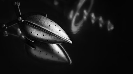 abstract composition. Kitchen tool with reflection. Macro image of old metal kitchen tool with rough texture. Shallow depth of field. Play of light and shadowsの写真素材