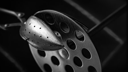 abstract composition. Kitchen tool with reflection. Close-up image of an old metal kitchen tool. Shallow depth of field. Play of light and shadowsの写真素材