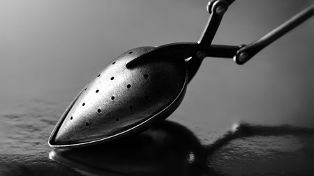 kitchen tool. Abstract black and white composition. Macro texture of an old metal kitchen tool with shallow depth of field. Play of light and shadowsの写真素材