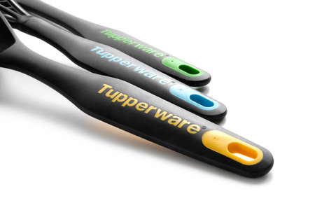 tupperware tool. Kitchen tool of the famous Tupperware brand. Closeup kitchen plastic tool isolated on white background. Ukraine. Kyiv. April.05.2023のeditorial素材