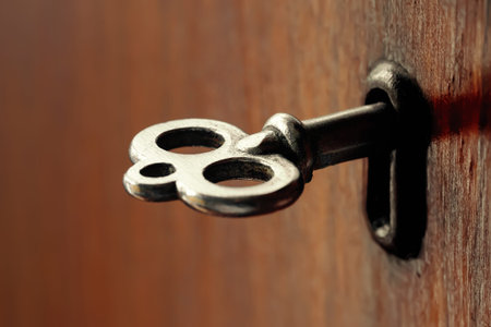 old key. Antique key in the keyhole. lock fittings. Shallow depth of field. selective soft focus
